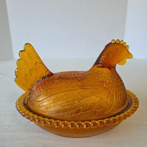 Indiana Glass Hen on Nest Amber Orange Glass Candy Dish 7 Inch Vintage Farmhouse